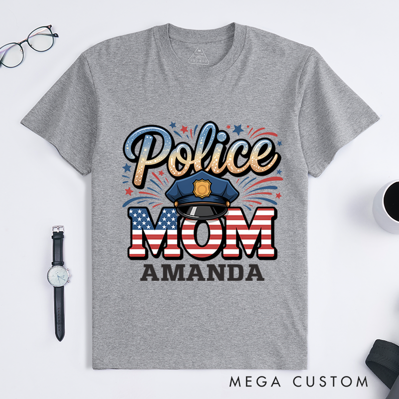 Personalized Police Mom T-Shirt with Patriotic Design and Custom Name Gift for Proud Moms 