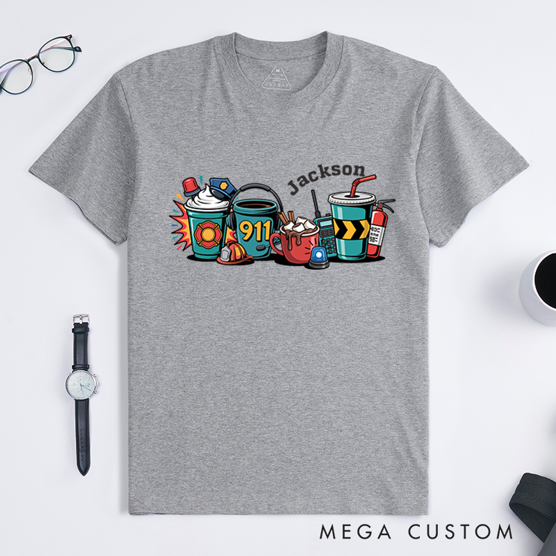 Personalized 911 Dispatcher T-Shirt with Fun Coffee and Work Themed Design Gift for Dispatchers