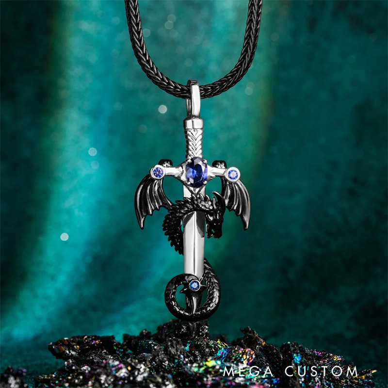 Personalized Wing Dragon Wrapped Sword Necklace with Birthstone Gothic Pendant Jewelry Birthday Gift for Rock Punk Lovers Book Lovers Gift