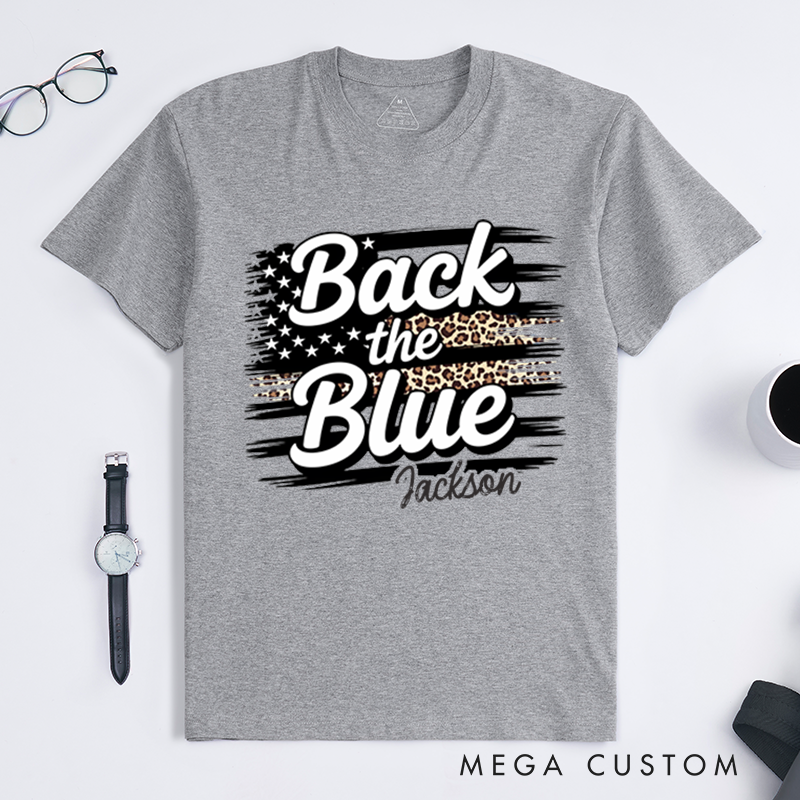 Personalized Back the Blue T-Shirt with Leopard Print and American Flag Design Gift for Police Supporters