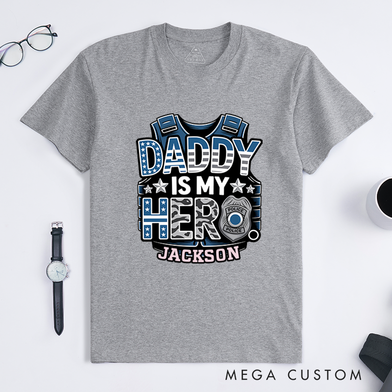 Personalized Daddy Is My Hero T-Shirt with Police Badge and Vest Design Gift for Kids of Officers