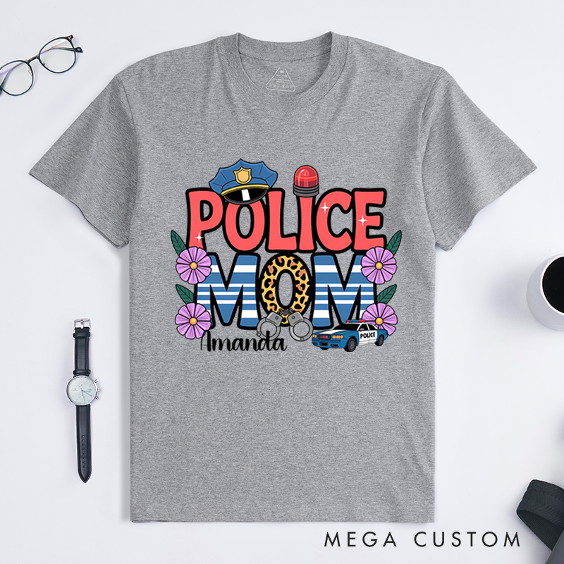 Personalized Police Mom T-Shirt with Floral and Police Themed Design Gift for Proud Law Enforcement Moms