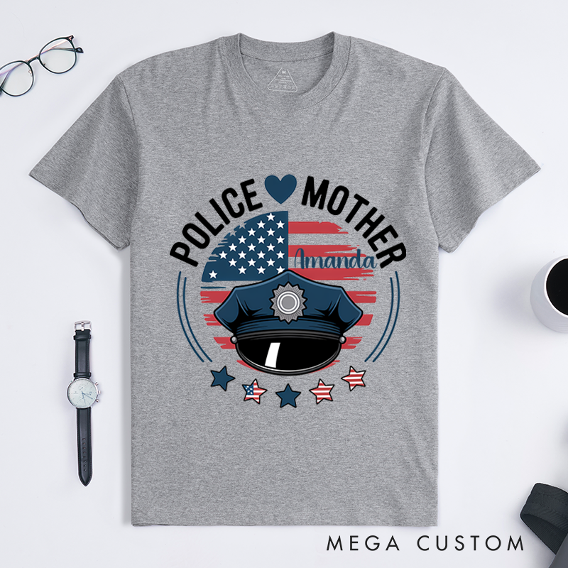 Personalized Police Mother T-Shirt with American Flag and Police Hat Design Gift for Proud Moms of Officers