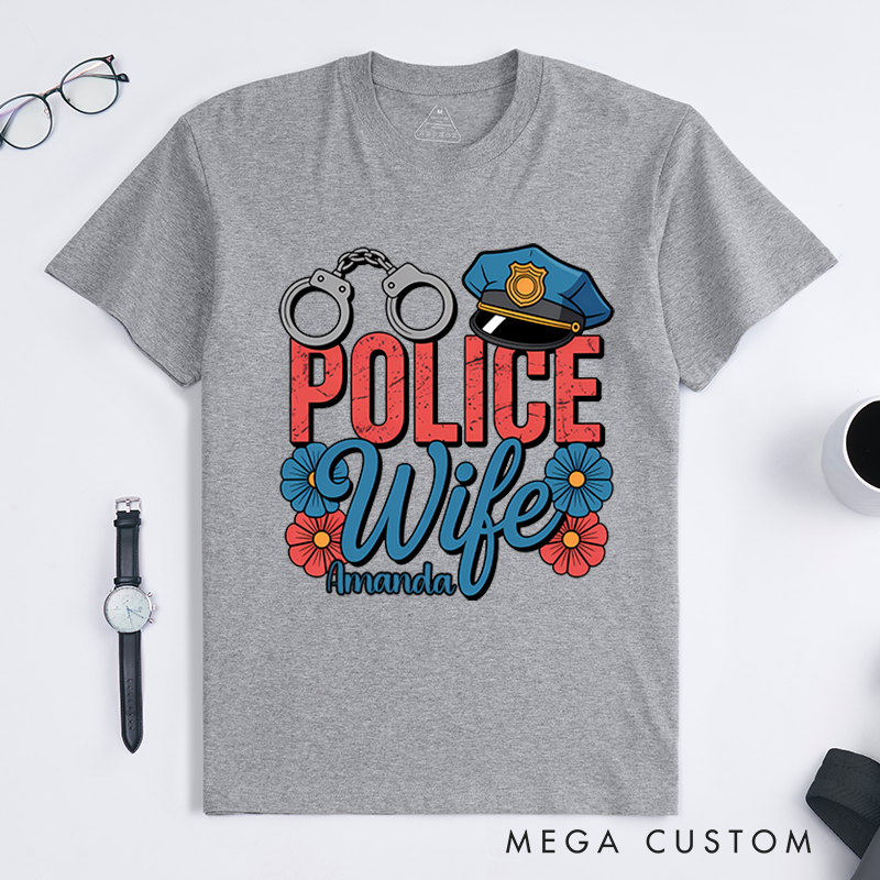 Personalized Police Wife T-Shirt with Handcuff, Hat, and Floral Design Gift for Proud Law Enforcement Wives