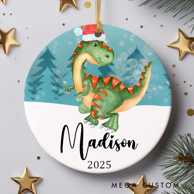 Personalized Dinosaur First Christmas Ornament Featuring Festive Holiday Cheer Christmas Ornament
