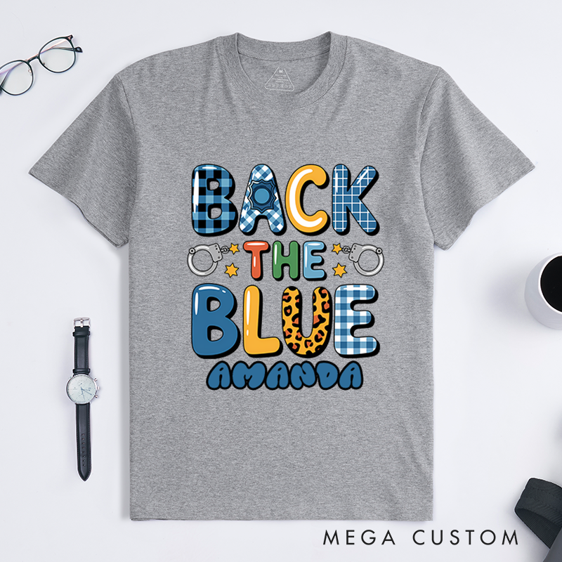 Personalized Back the Blue T-Shirt with Fun and Vibrant Design Featuring Handcuffs and Stars Gift for Law Enforcement Supporters