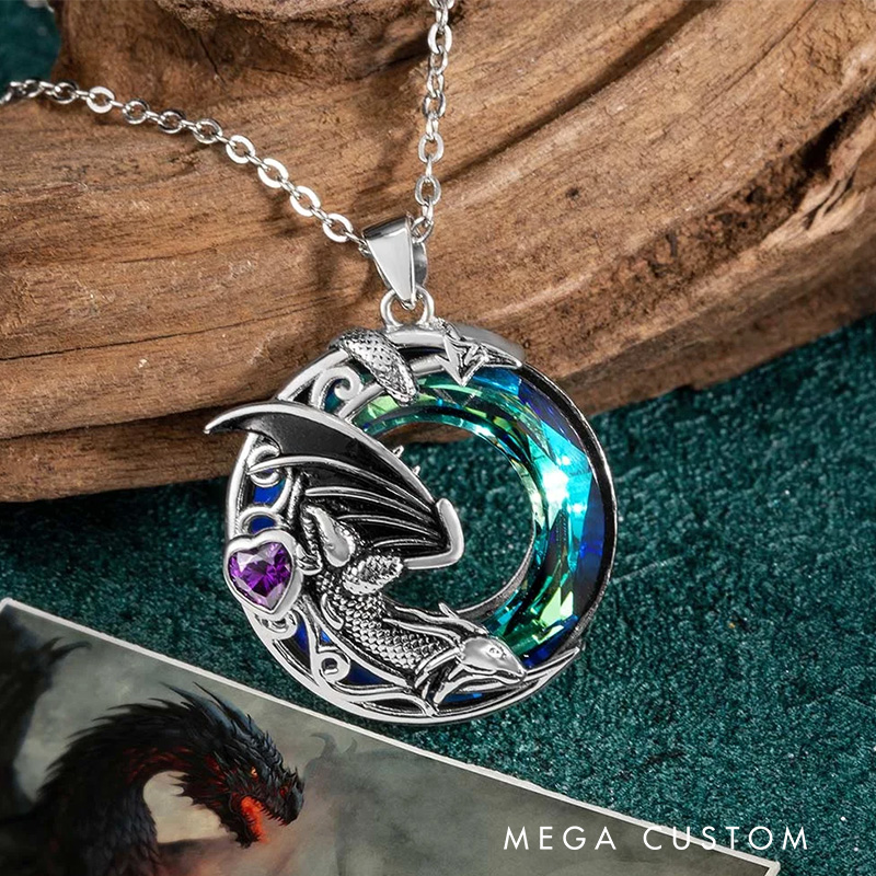 Personalized Dragon Necklace Embellished with Crystals and Birthstone Jewelry Birthday Gift for Fantasy Book Lovers Book Lovers Gift