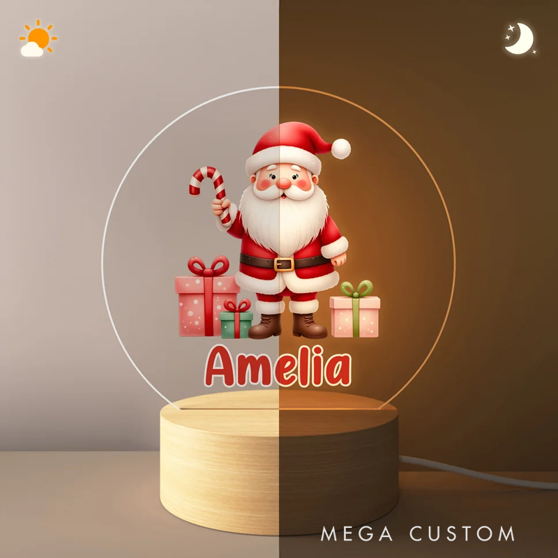 Personalized Cartoon Santa Claus Acrylic LED Night Light with Name and Wooden Base Room Decor Christmas Gift for Kid Baby