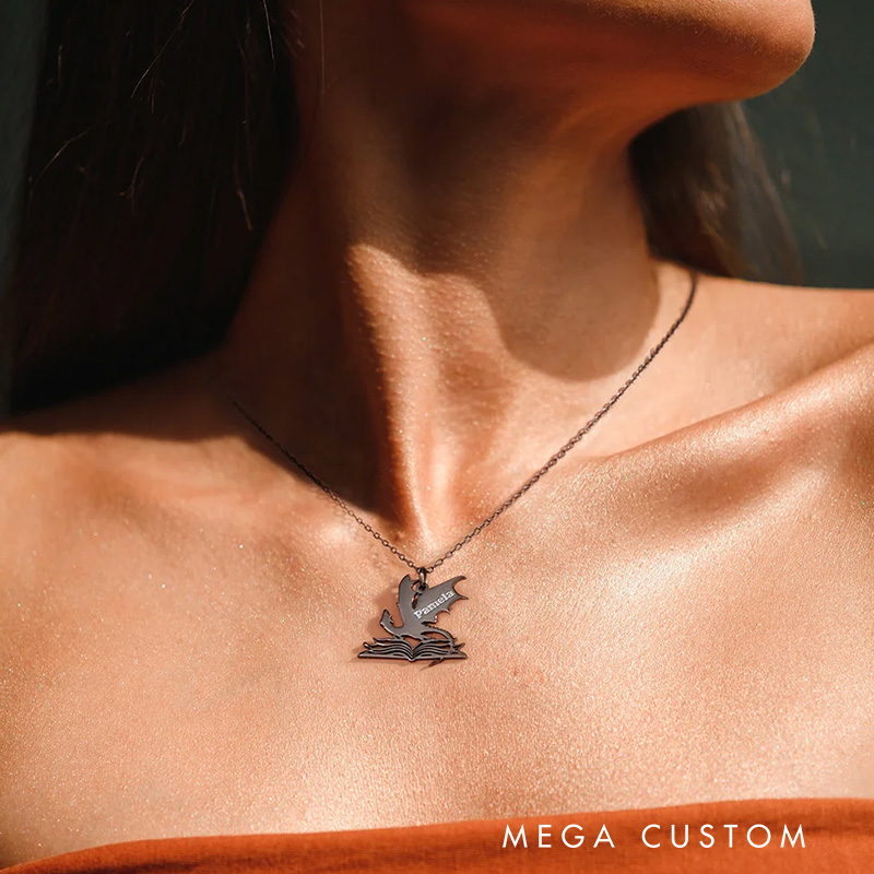 Personalized Book Dragon Necklace with Name Birthday Anniversary Gift for Bookworm Reader Fantasy Book Lovers Gift