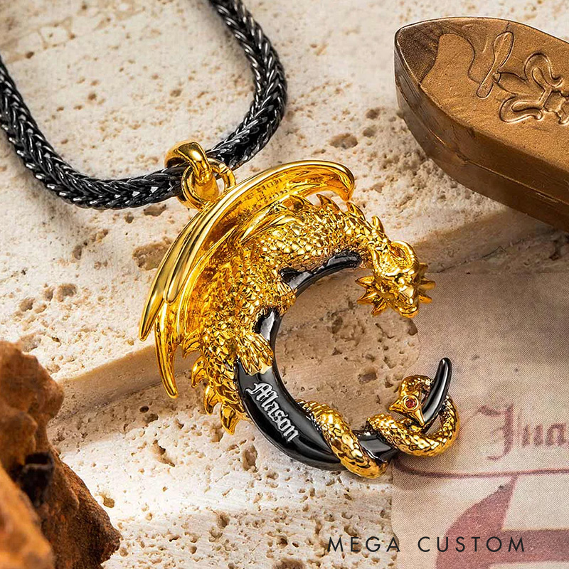 Personalized Medieval Gothic Moon Dragon Name Necklace with Foxtail Chain Father’s Day Birthday Gift for Bookworm Reader Fantasy Book Lovers Gift