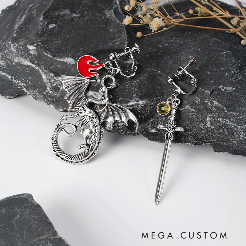 Personalized Fantasy Dragon Sword Earrings with Birthstone Birthday Anniversary Christmas Gift for Women Bookworms Fantasy Book Lovers Gift