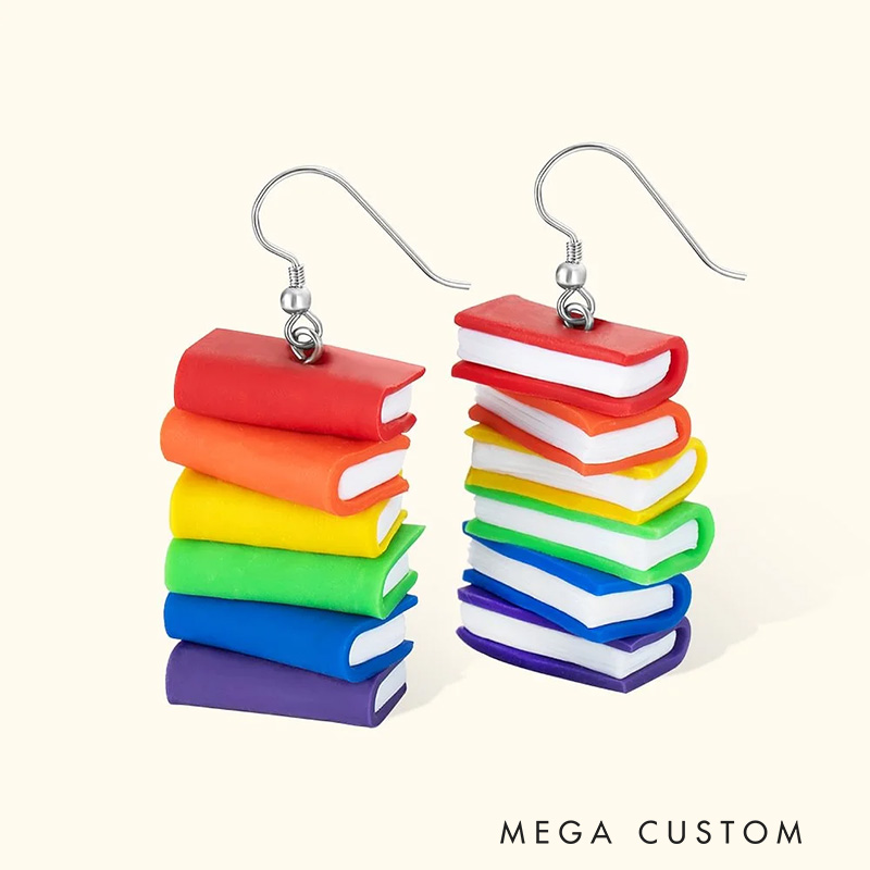 Personalized Rainbow LGBTQ Pride Flag Dangle Earrings Book Lovers Gift