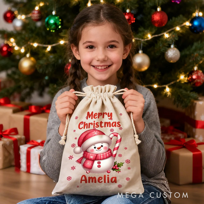 Personalized Merry Christmas Cute Snowman Drawstring Canvas Gift Bag with Name Christmas Party Gift for Kids Family