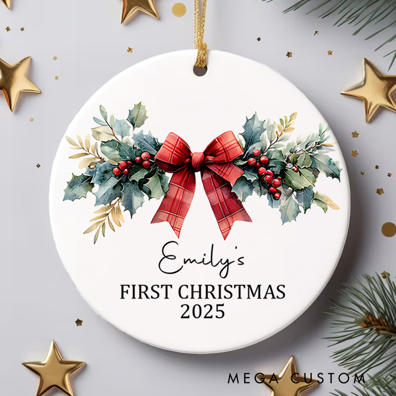 Personalized First Christmas Ornament Featuring Festive Bow and Holiday Wreath Christmas Ornament