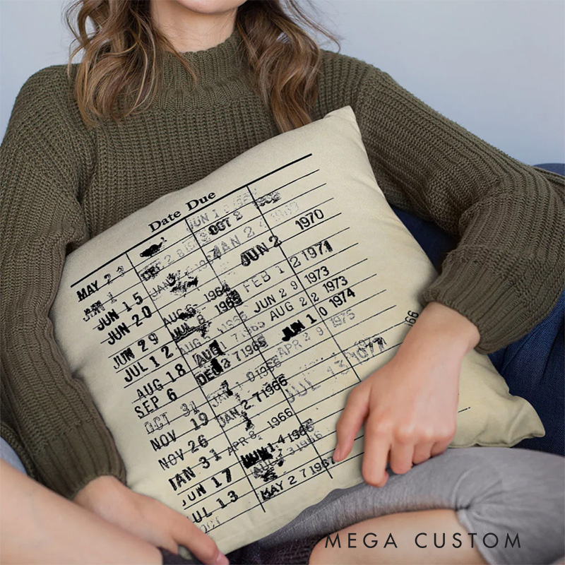 Personalized Date Due Card Cushion Throw Pillow with Name Retro Library Pillow Cover Gifts for Book Lovers Readers