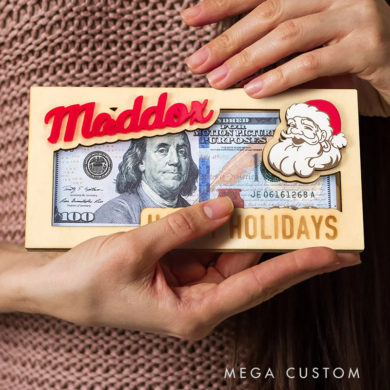 Personalized Wooden Christmas Santa Elk Money Holder with Engraved Text Unique Money Card Christmas Gift for Kids Family