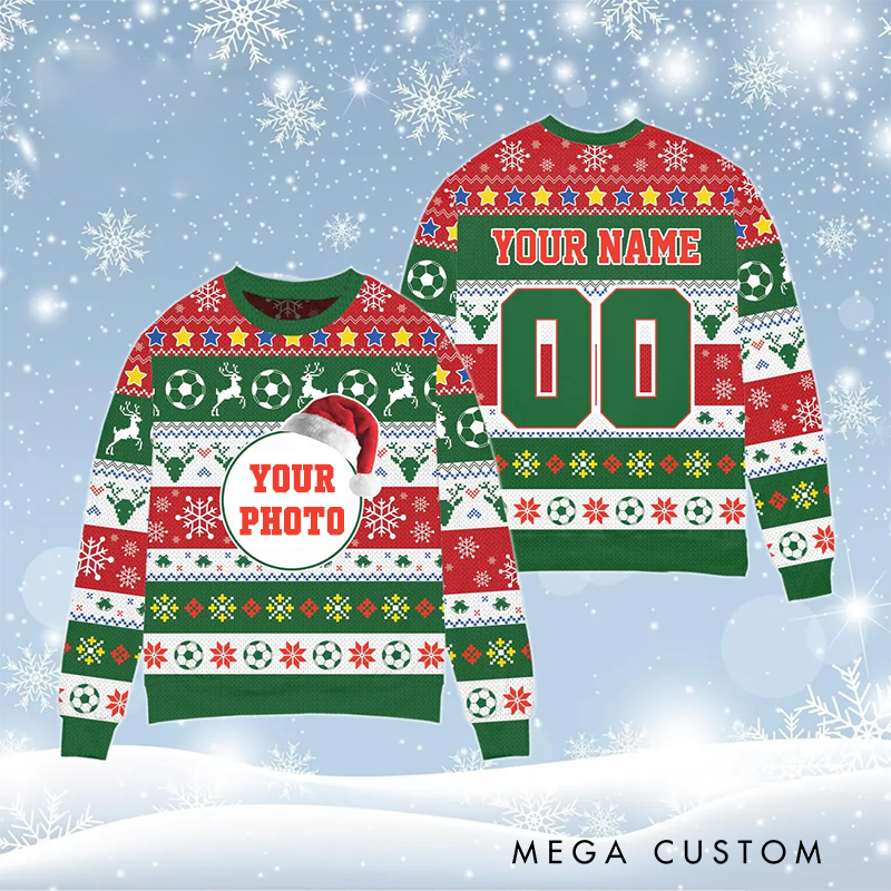 Personalized Christmas Ugly Sweater with Custom Name Number and Soccer Themed Photo Design