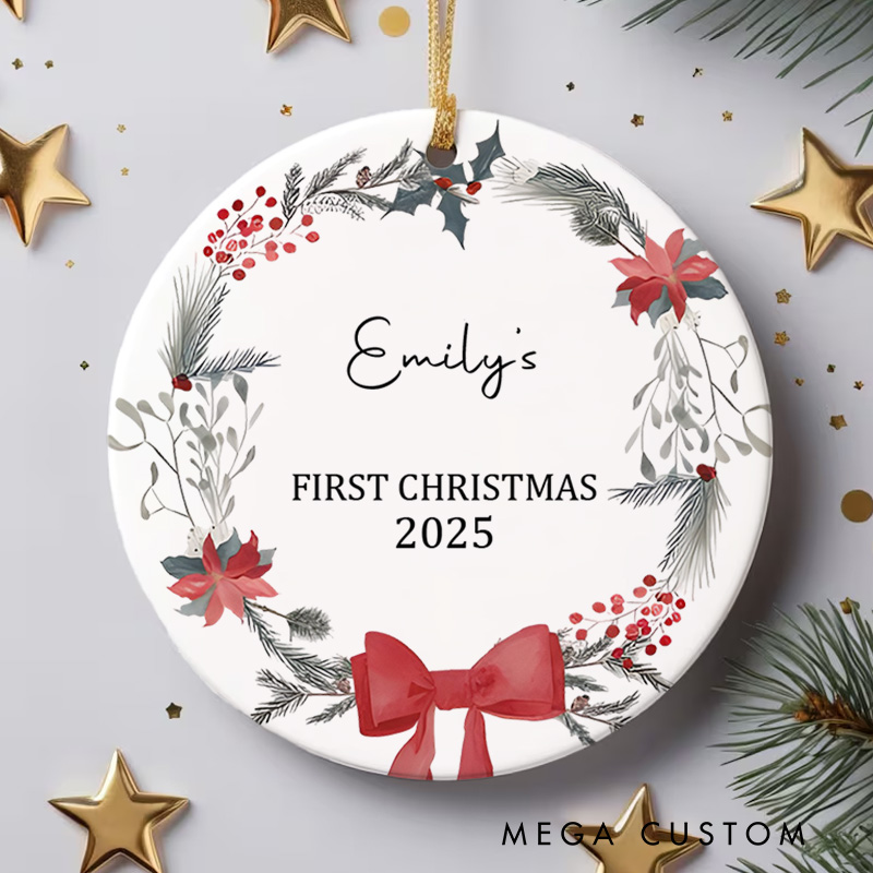 Personalized First Christmas Ornament Highlighting Elegant Bow and Floral Accents Christmas Ornament