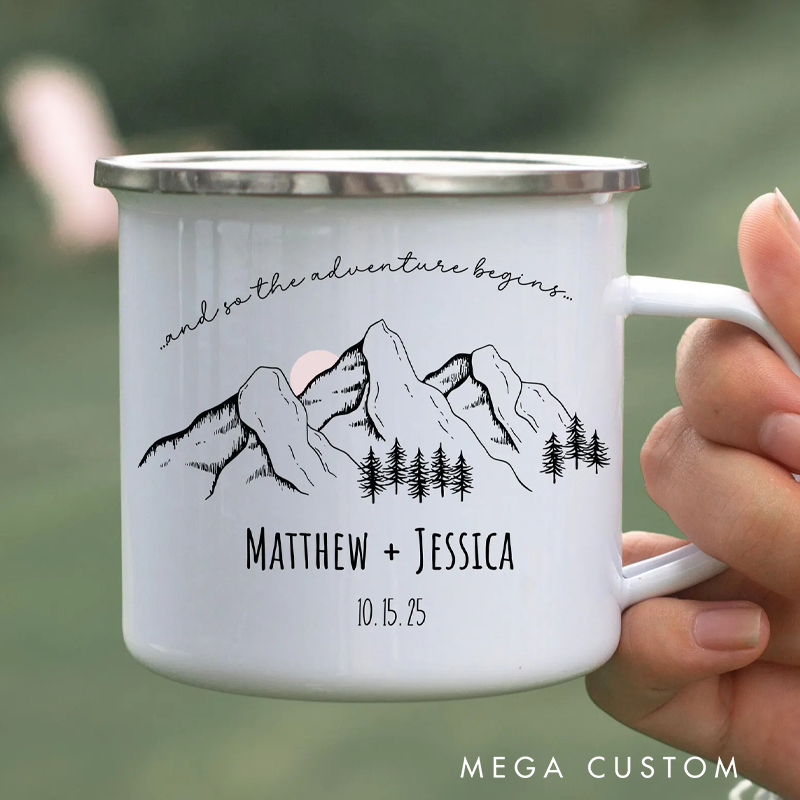 Personalized Custom Enamel Camp Mugs Couple Adventure Mountain Mugs Anniversary Gift for Outdoor Enthusiasts