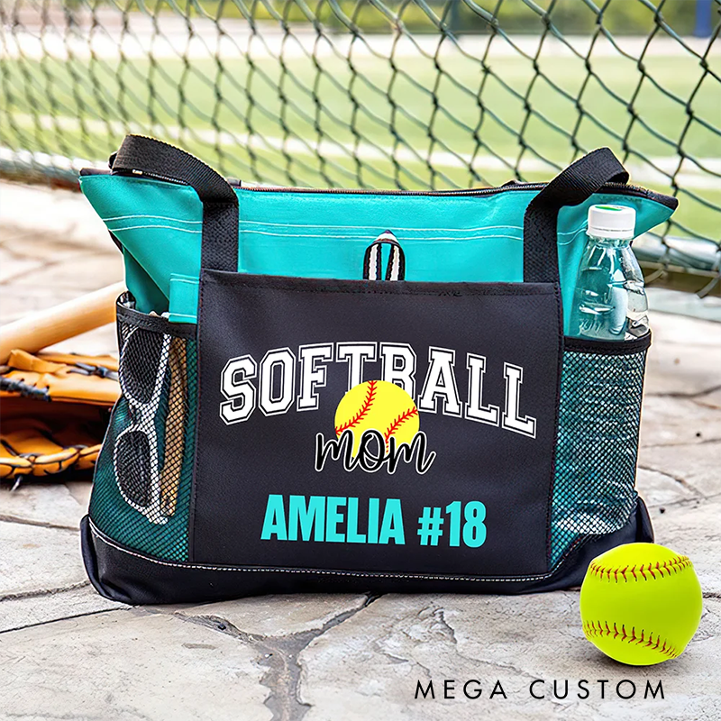 Personalized Sports Mom Tote Bag with Custom Name and Number Design
