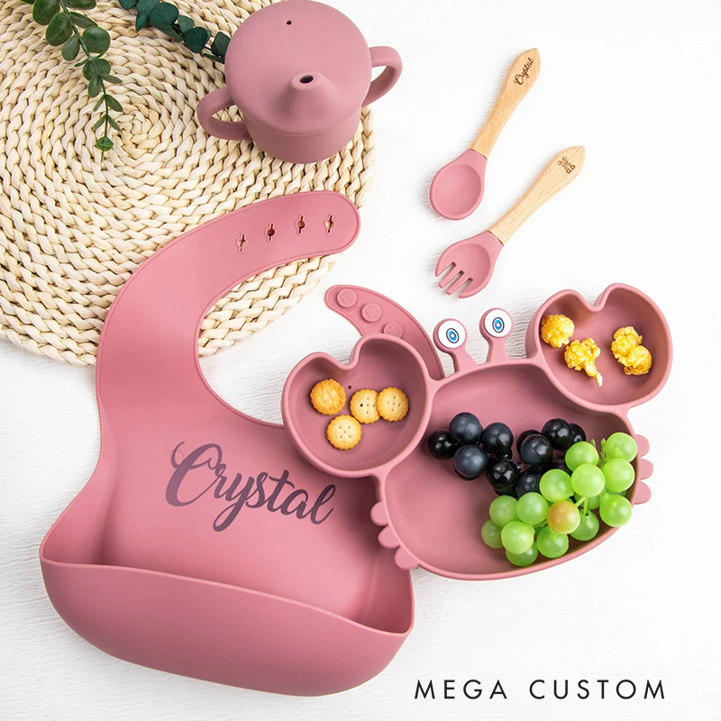 Personalized Silicone Baby Feeding Set Crab Shape Divided Plate Suction Cup Supplies for Toddler Weaning