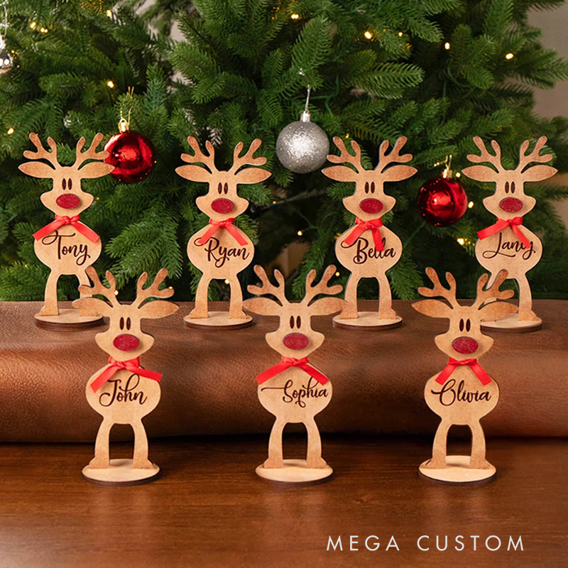 Personalisiertes Holz-Rentier mit Roter Nase und Schleife Tischdeko mit Namen Weihnachtsdeko Party Weihnachtsgeschenk für Familie Kinder