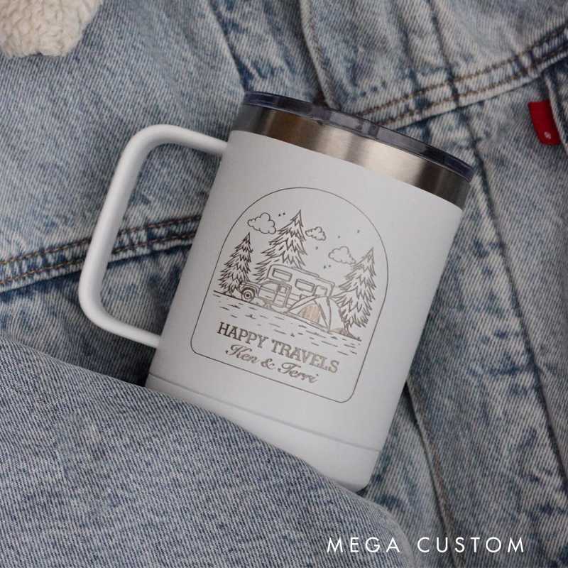 Personalized Happy Travels Camp Mug Custom Travel Coffee Mug for Family Trips Happy Camper Cup Adventure Is Calling Couple Gift