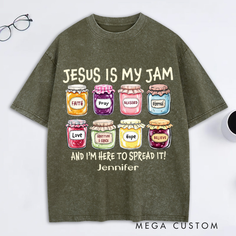 Personalized Jesus is My Jam Washed T-Shirt with Name Retro Shirt Religious Gift for Christian Women