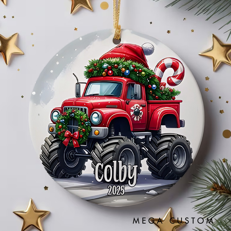 Personalized Monster Truck Christmas Ornament with Festive Decorations and Customizable Colors for Holiday Cheer