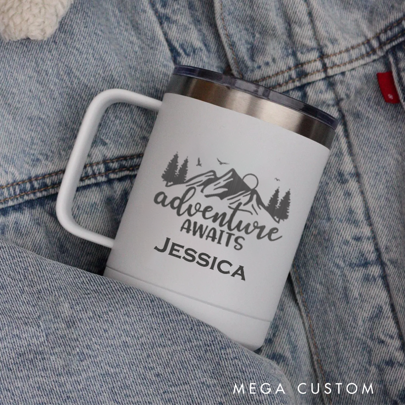 Personalized Camping Mug with Handle Custom Outdoor Coffee Tumbler Hiking and Campfire Bachelorette Gift