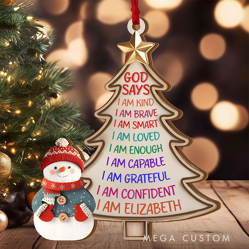 Personalized God Says I am Snowman Christmas Tree Ornament with Name 2-Layered Wooden Family Hanging Decoration Christian Gift for Christmas