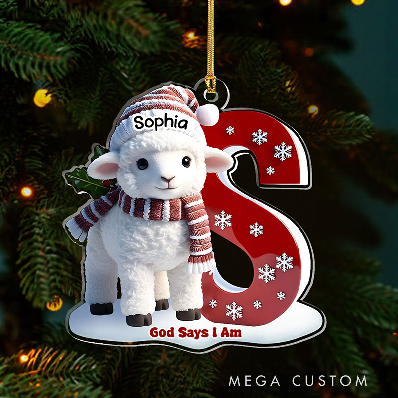 Personalized God Says I am Lamb Acrylic Ornament with Name and Initial Holiday Tree Decor Christmas Gift for Christian