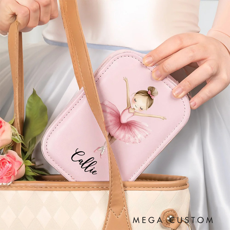 Personalized Cartoon Ballerina Girl Leather Jewelry Box with LED Makeup Mirror Hair Pin Case Birthday Wedding Gift for Women