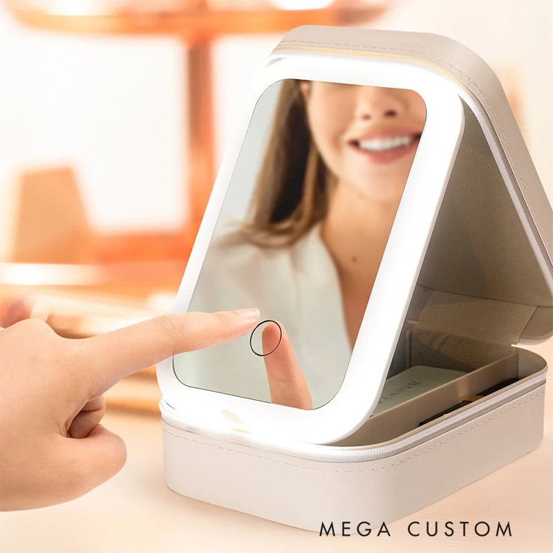 Personalized Classic Fairy Tale Character Leather Jewelry Box with LED Makeup Mirror Hair Pin Case Birthday Wedding Gift for Women