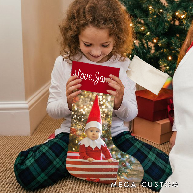 Personalized Cute Christmas Stocking with Photo and Name Christmas Tree Decoration Gift for Kids Family
