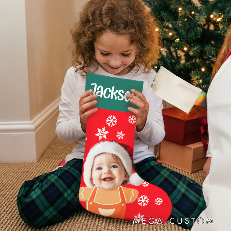 Personalized Cute Snowflake Snowman Christmas Stocking with Photo Name Christmas Tree Decor Gift for Family Friends