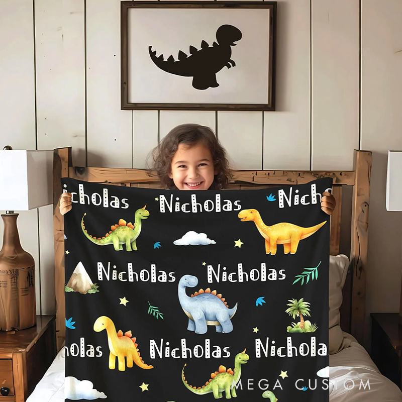 Personalized Dinosaur Themed Soft Throw Blanket with Name Birthday Baby Shower Back To School Gift for Boys Girls