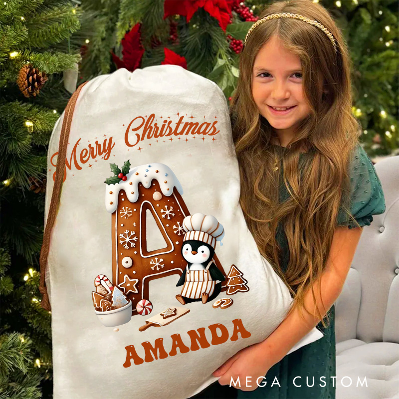 Personalized Gingerbread Penguin Alphabet Christmas Bag with Name Gingerbread Christmas Sack Holiday Santa Sack for Baking Lovers Christmas Gift