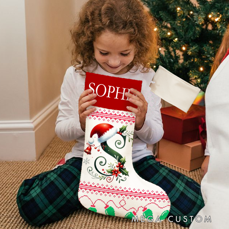 Personalized Bell Santa Hat Initial Christmas Stocking with Name Text Christmas Party Gift