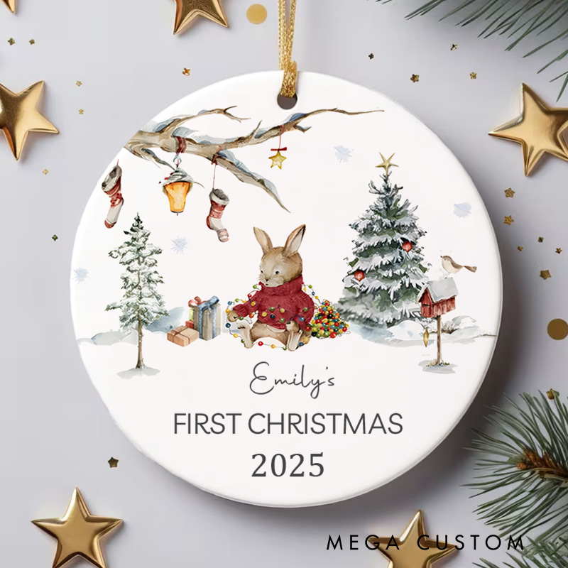 Personalized Woodland First Christmas Ornament Featuring Festive Forest Animals Christmas Ornament