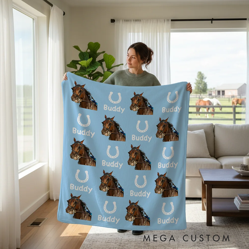 Personalized Horseshoe Horse Face Photo Multicolor Soft Throw Blanket with Name Birthday Anniversary Gift for Horse Owner Lover