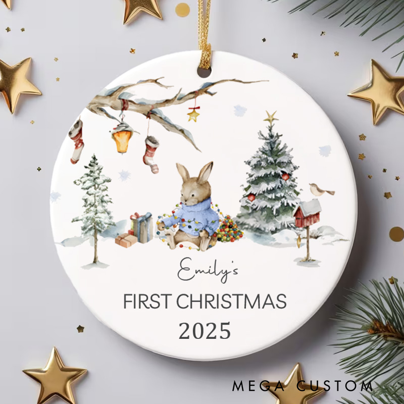 Personalized Woodland First Christmas Ornament Highlighting Charming Holiday Scene Christmas Ornament