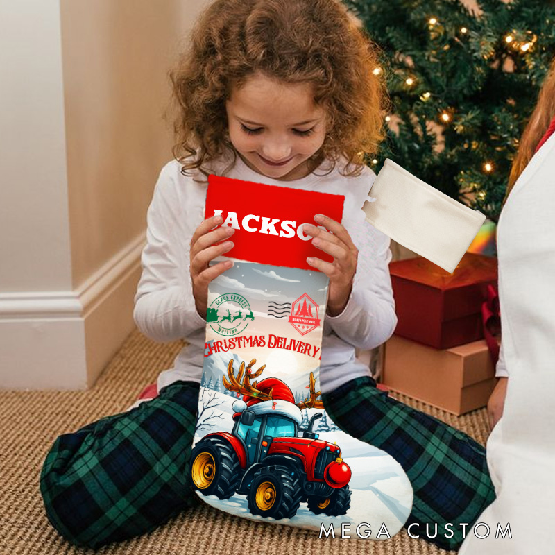Personalized Festive Tractor and Reindeer Christmas Stocking with Custom Name for Holiday Cheer