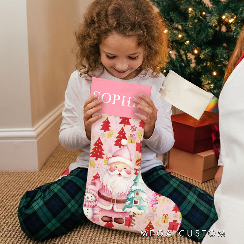 Personalized Pink Santa and Snowman Christmas Stocking with Custom Name for Festive Holiday Decor