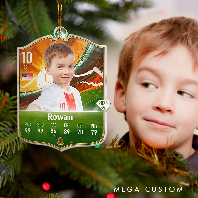 Personalized Soccer Card Acrylic Christmas Ornament with Custom Photo, Name, and Stats Design