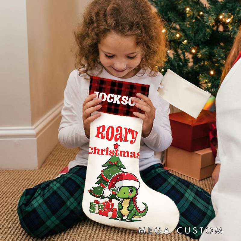 Personalized Dinosaur Roary Christmas Stocking with Custom Name for Fun and Festive Holiday Cheer