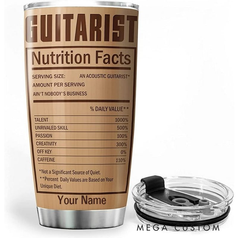 Personalized Name Guitar Insulated Tumblers 20oz Guitarist Nutrition Facts Cup With Lid Vintage Music Gifts for Guitarists Musician Acoustic Band Music Teacher Gifts Guitar Lover