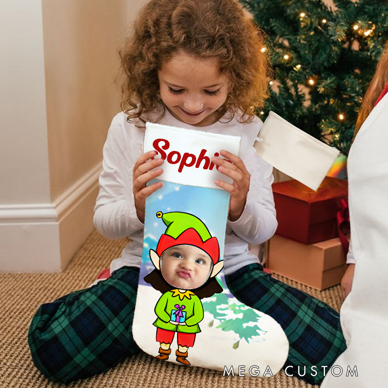 Personalized Elf Photo Christmas Stocking with Custom Name for Playful and Personalized Holiday Fun