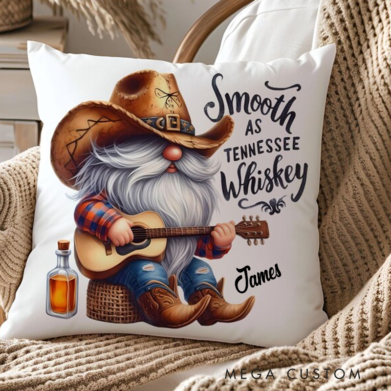 Personalized Name Whiskey Gnome Pillow Country Gnome Decor Cowboy Gnome Pillow Rustic Farmhouse Cushion Guitar Lover Gift