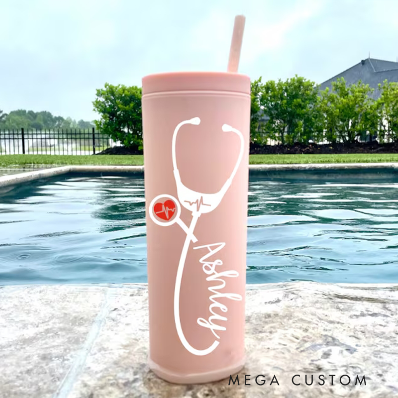 Personalized Nurse Tumbler with Straw Stethoscope RN Nurse Gift Doctor Gift Nurse Assistant Heartbeat Nursing Student